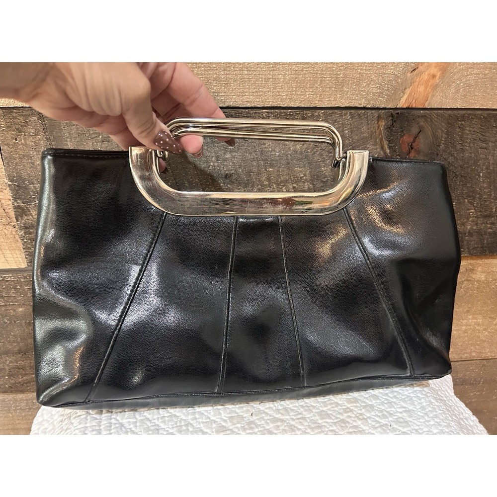 Aldo Black Clutch Handbag Metal Handles Faux Leather 12"x 7"